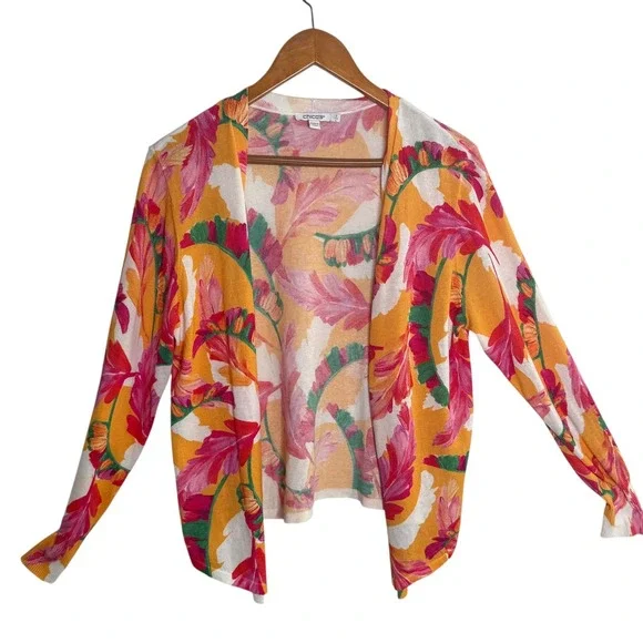 Chico's Open Front Colorful Lightweight Floral Cardigan Women Size 2 L Layering - Picture 2 of 8